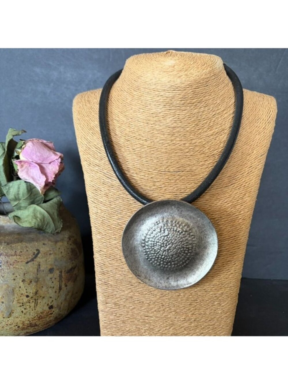 Hammered Zinc & Leather Tribal Statement Necklace Textured Pendant Adjustable